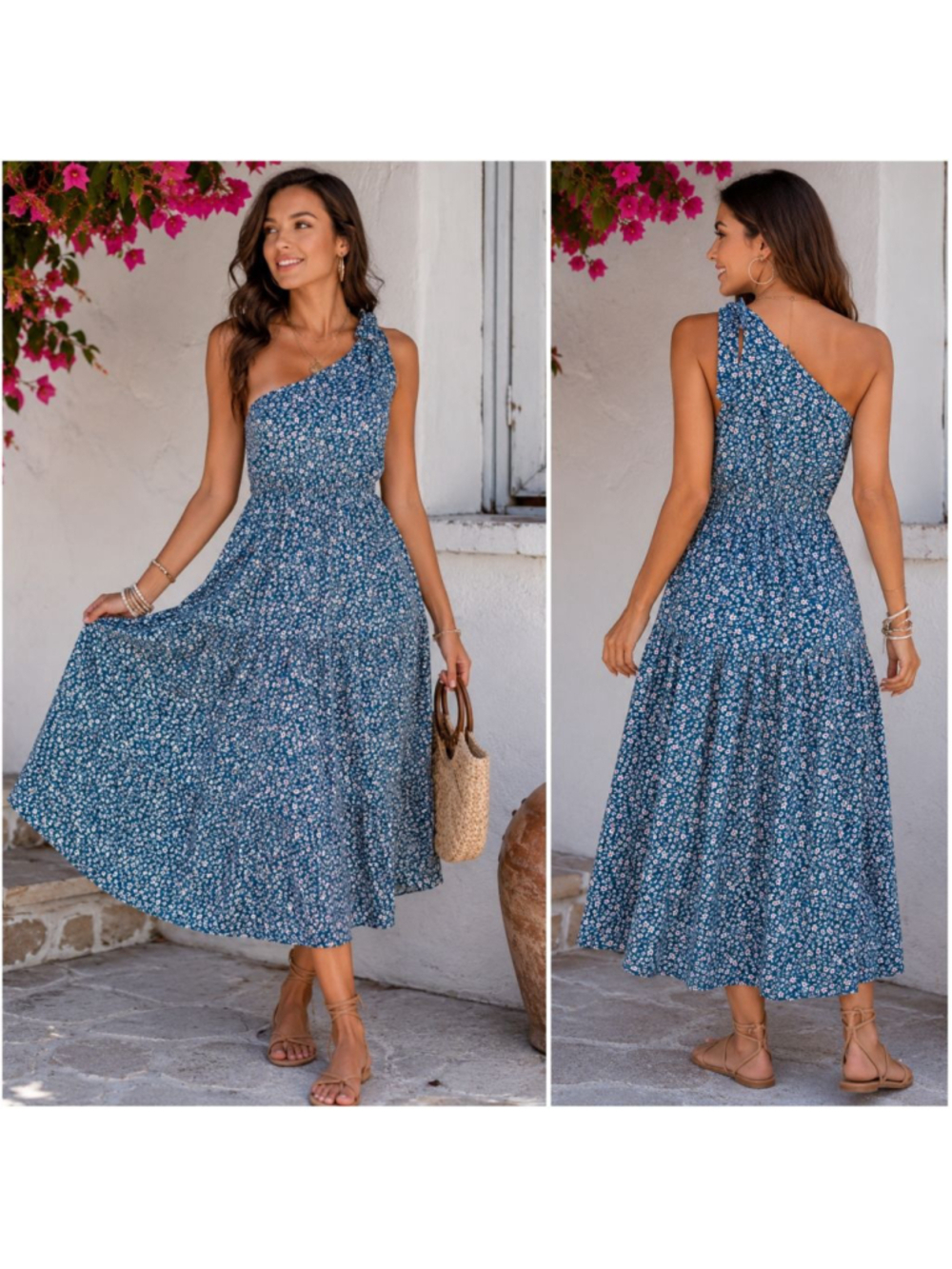 Women's SHEIN Blue Ditsy Floral One Shoulder Knot Midi Dress NWOT